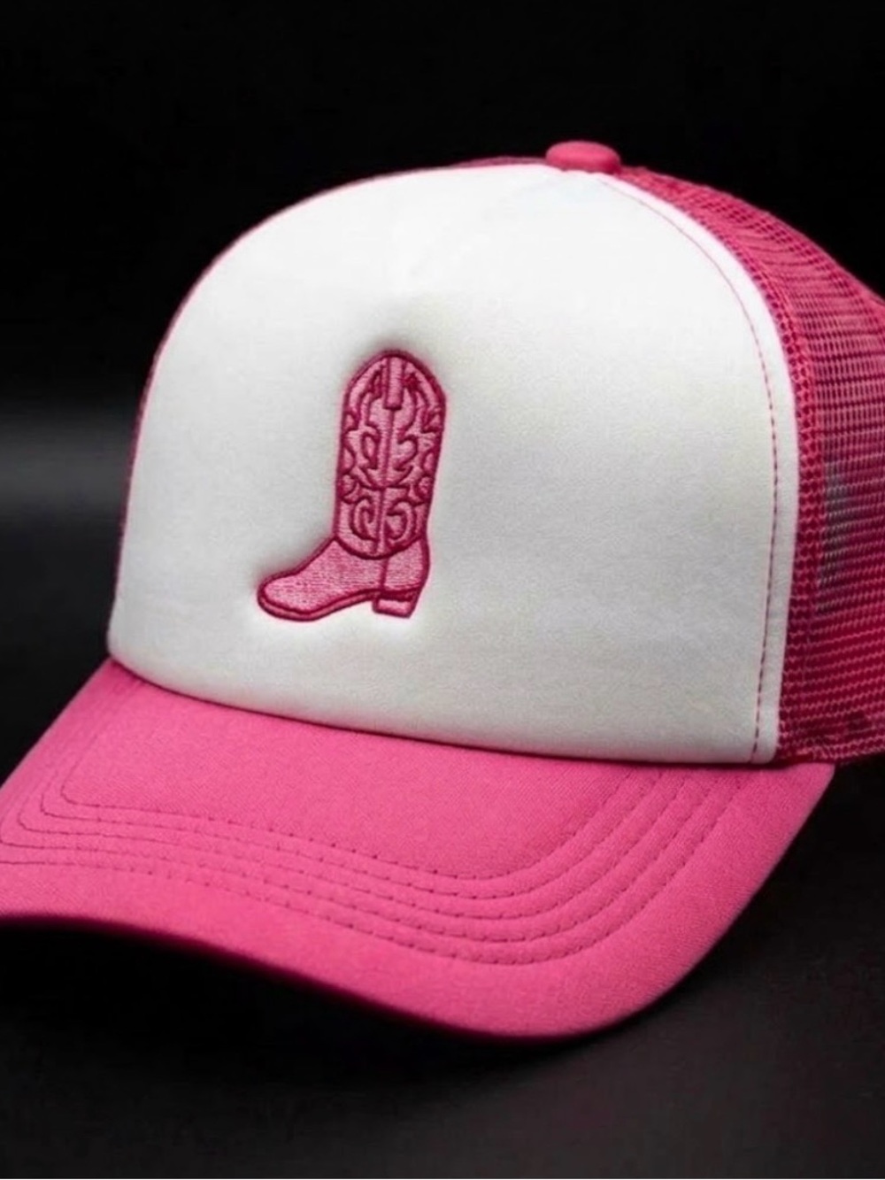 Pink & White Trucker Hat with Boot Embroidery